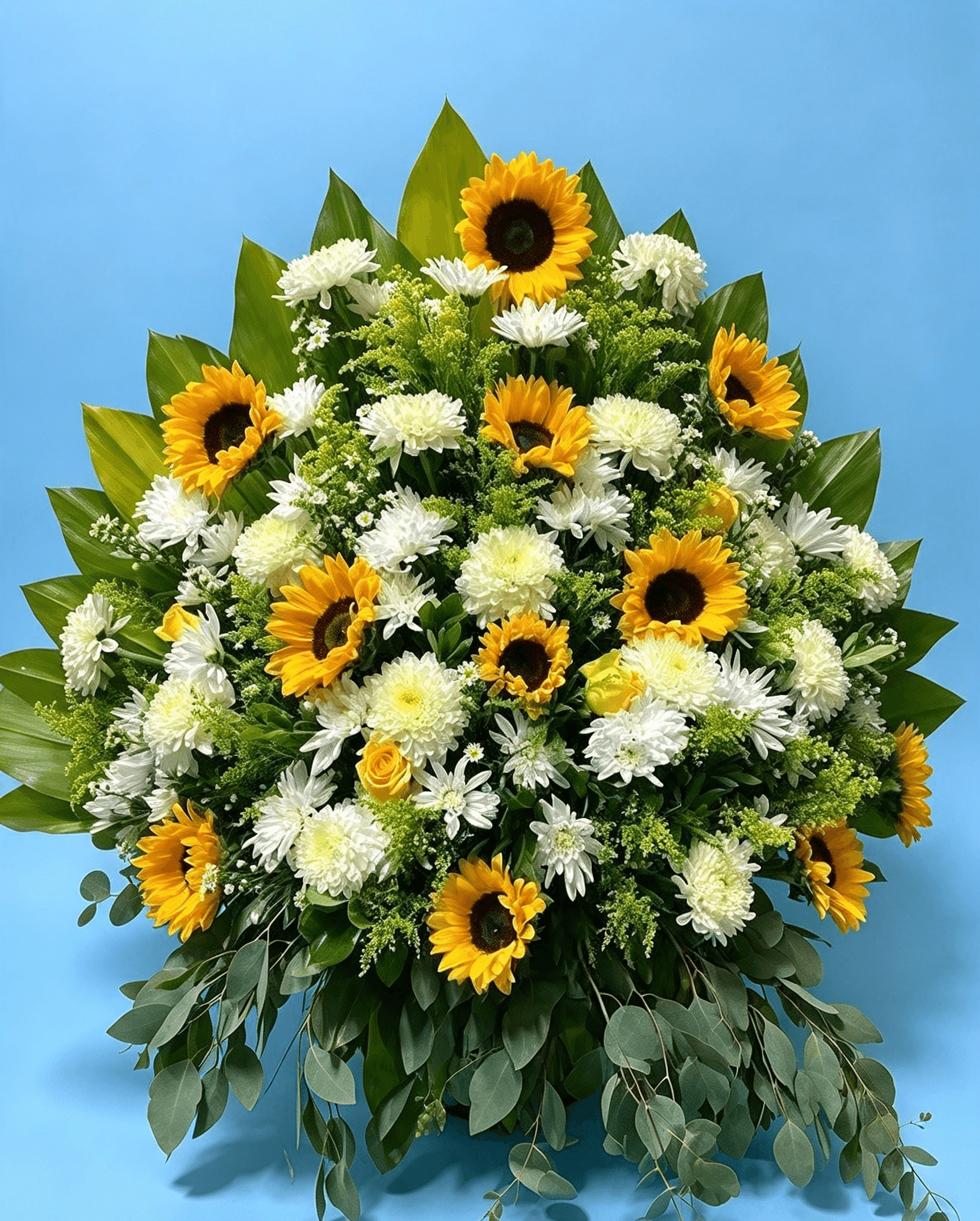 Arreglo floral grande de girasoles y crisantemos blancos