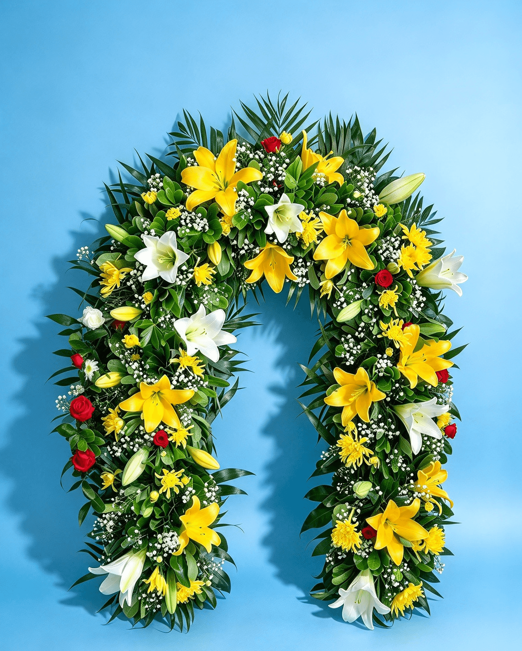 Arco ovalada con lirios amarillos y blancos
