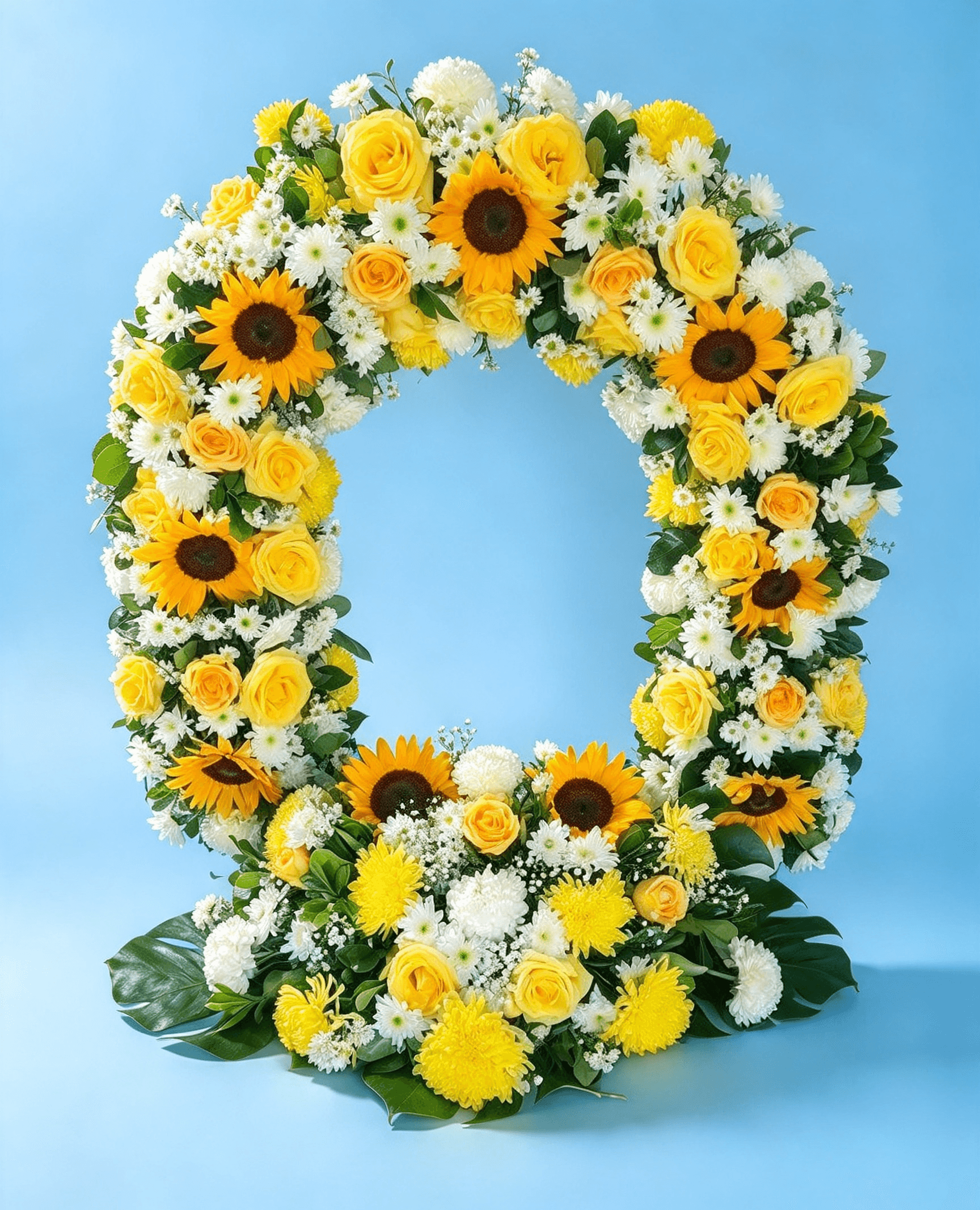 Arreglo floral arco en forma de arco con girasoles y rosas amarillas