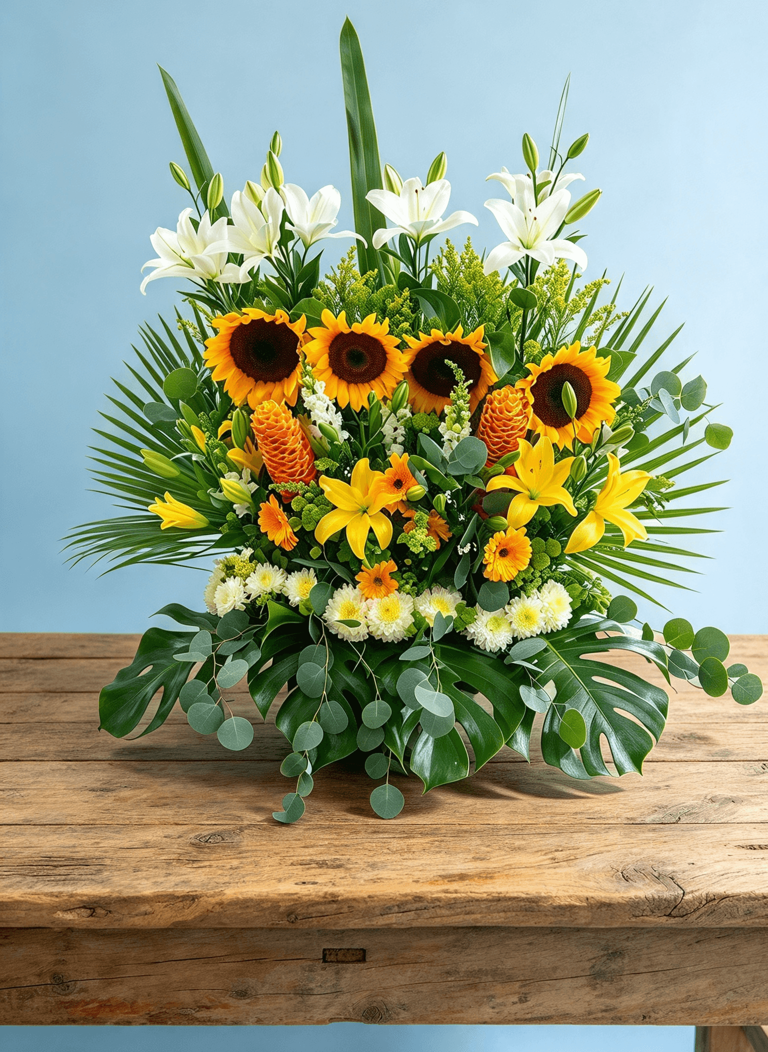 Arreglo floral tropical con girasoles y lirios