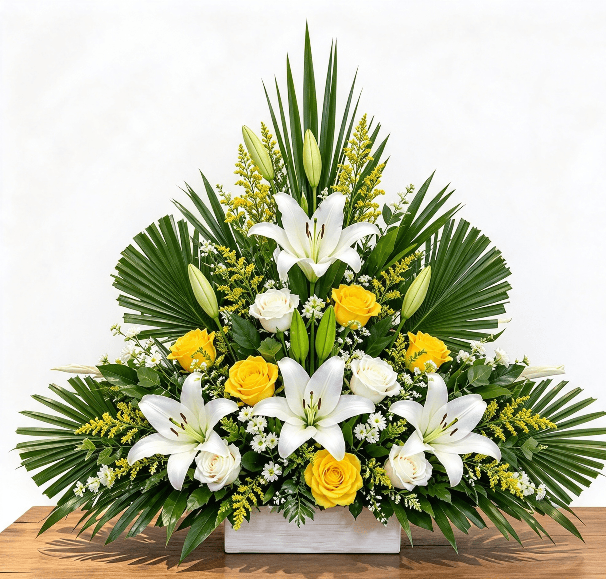 Arreglo floral con lirios blancos y rosas amarillas