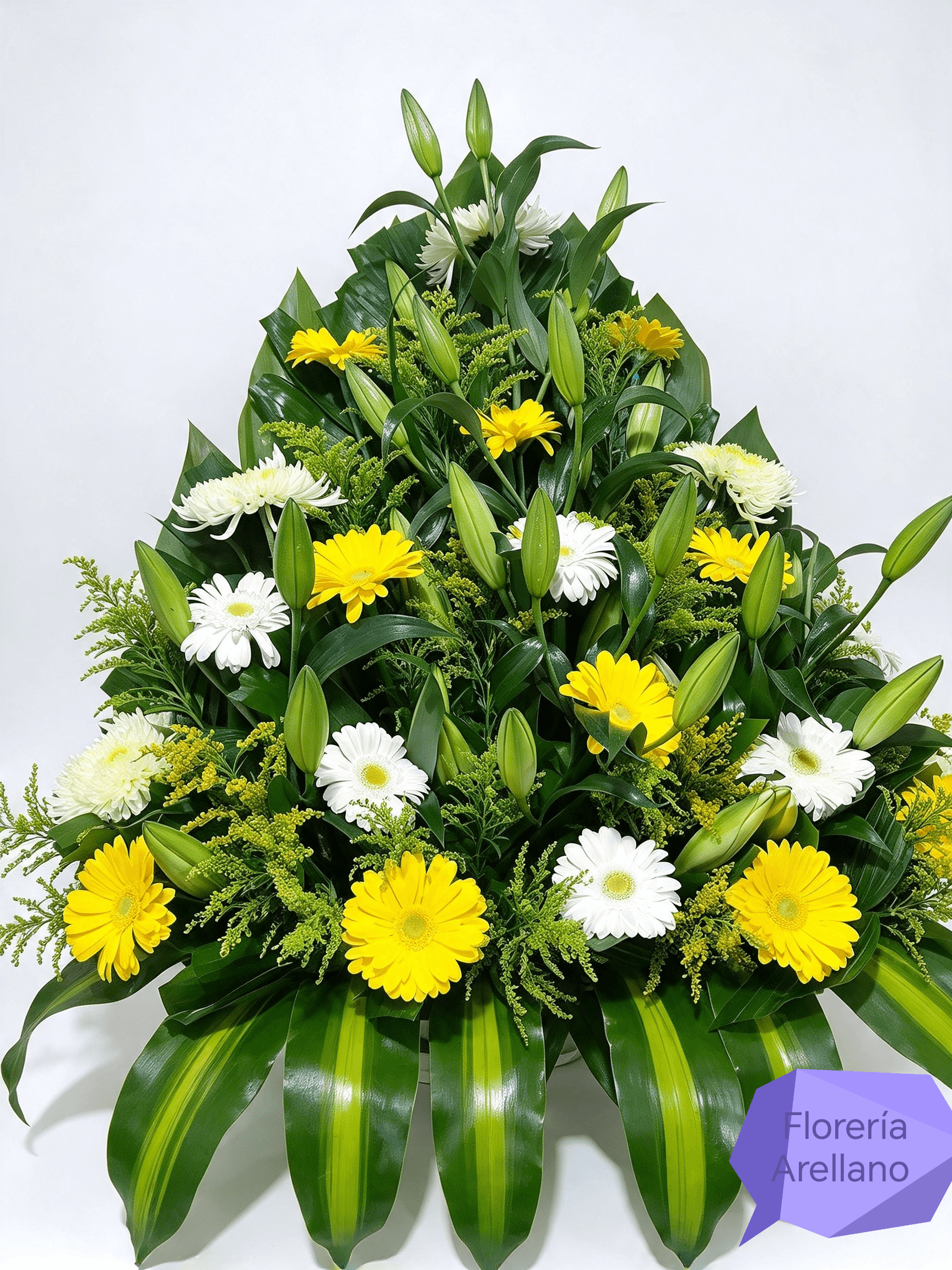 Arreglo floral fúnebre vertical de lirios y gerberas